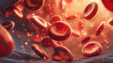 Erythrocytes and cholesterol cells in blood vessel concept. Microscopic view of flowing red blood cells in high detail.