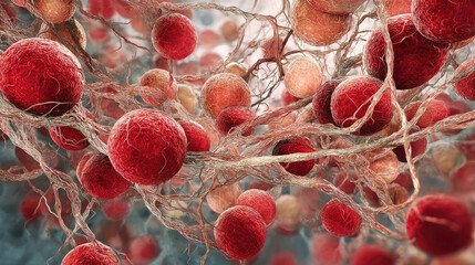 Blood clot blocking red blood cells stream concept. Microscopic view of interconnected red and orange cells.