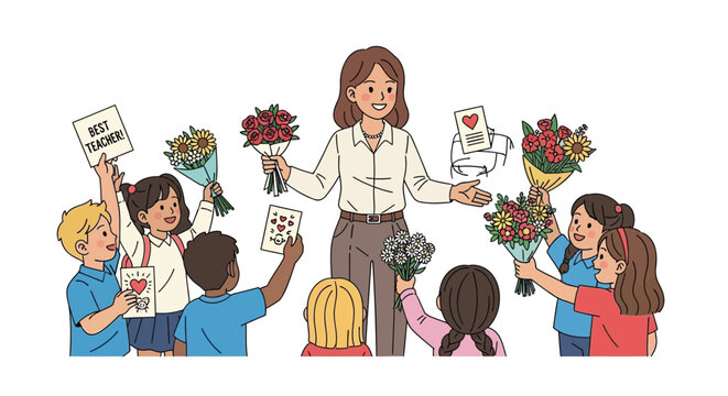 Joyful students present flowers and cards to their smiling teacher on appreciation day