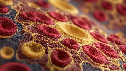 Erythrocytes and cholesterol cells in blood vessel concept. Microscopic view showcasing intricate cell structures and patterns.