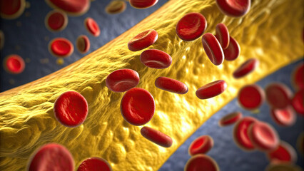Erythrocytes and cholesterol cells in blood vessel concept. Visual representation of blood cells moving through arteries.