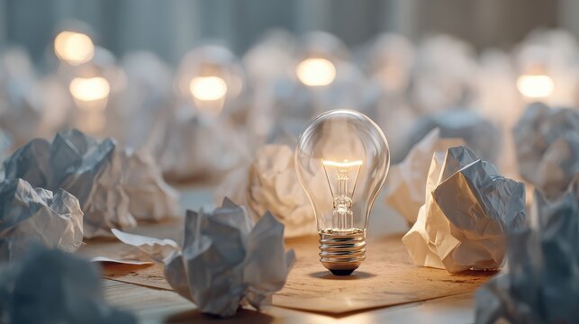 Illuminated light bulb surrounded by crumpled paper balls creating a concept of ideas, creativity, inspiration, and innovation in a soft-lit environment
