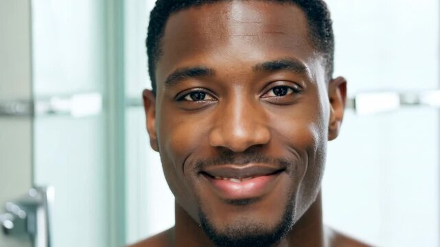 30 year old African American man in bathroom looking at camera and smiling. Body and skin care concept. Young man in bathroom displays a radiant smile, reflecting his skincare commitment.