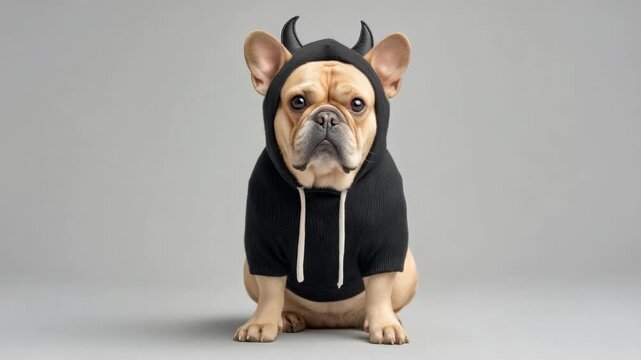 Playful French Bulldog in Black Hoodie with Devil Horns, Captivating Expression, Perfect for Halloween or Pet-themed Content, Capturing Unique Moments 4k video footage