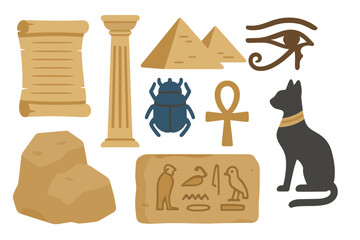 Ancient Egyptian symbols including pyramids, Eye of Horus, Ankh, scarab, and Bastet cat