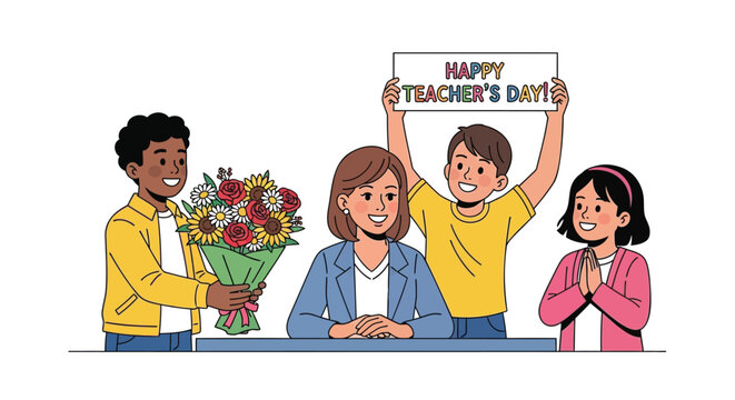 Students joyfully present a beautiful flower bouquet and a happy teacher s day sign to their smiling teacher