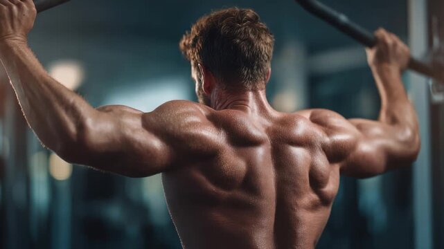 Muscular man performing lat pulldowns at gym