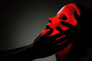 Woman wearing red LED light therapy facial mask with hands