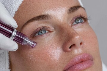 Young woman receiving professional microneedling facial treatment