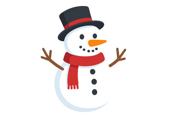 Cheerful snowman wearing a black top hat and red scarf isolated on white background