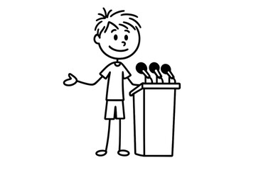 Stick figure character giving a public speech at a press conference podium with microphones