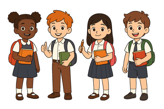 Happy diverse elementary students in uniforms with backpacks ready for school