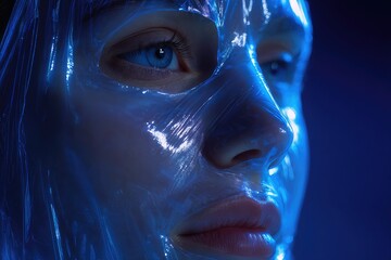 Young woman's face wrapped in hydrating mask 