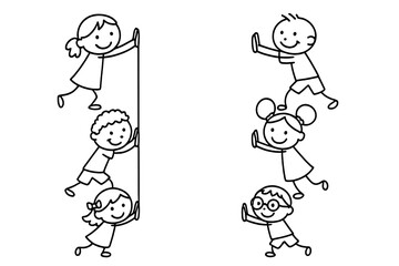 Happy stick figure children surrounding a central vertical line with copy space