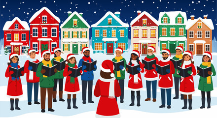 A diverse community choir singing Christmas carols on a snowy winter night in a festive village with colorful houses, a vector illustration