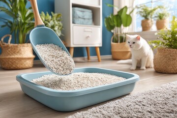 Hand pouring fresh tofu cat litter into a clean blue litter box,  