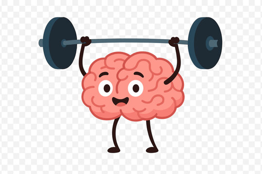 Cheerful pink brain mascot character performing weightlifting with a heavy barbell overhead