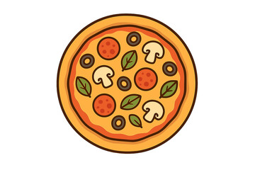 Fototapeta premium Traditional round pizza with thick crust, cheese, pepperoni, mushrooms, and black olives