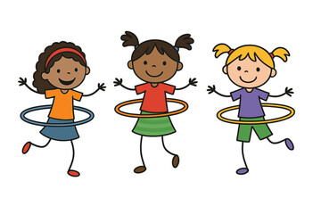 Group of diverse young children playing with hula hoops during physical activity time