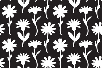 White Daisy-Inspired Floral Pattern on Black Background in Playful Seamless Botanical Design