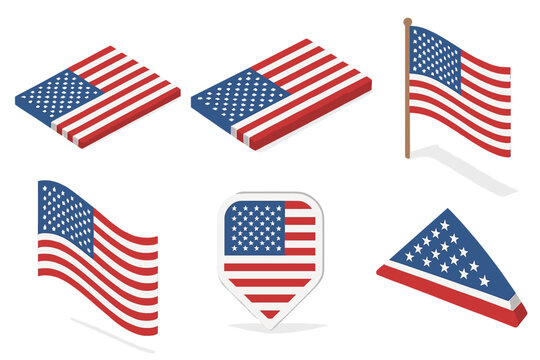 Diverse collection of American flag symbols including isometric blocks, waving banners, and map pins