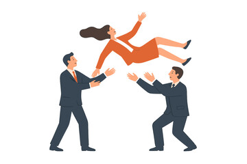 Businesswoman performing trust fall supported by colleagues symbolizing corporate teamwork and reliability