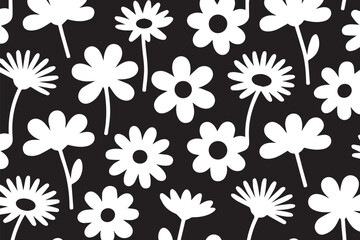 White Daisy-Inspired Floral Pattern on Black Background in Playful Seamless Botanical Design
