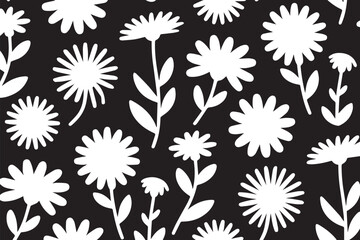 Minimal White Floral Silhouettes on Black Background in Elegant Seamless Botanical Pattern