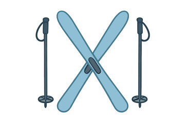 Obraz premium Crossed blue downhill skis and two dark ski poles, essential winter sports gear