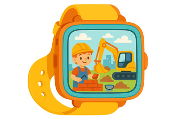 Smartwatch screen showing a young construction worker building a brick wall next to a yellow excavator