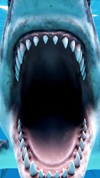 Green Screen great white shark swims to the camera slowly and open its jaws attacks audience scary megalodon with big jaw eats footage has a clean alpha channel in 4k res scene 1 distortion, overlay