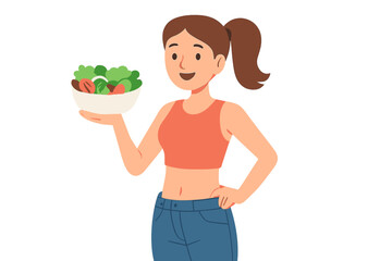 Young woman holding a fresh green salad bowl promoting healthy eating and dieting