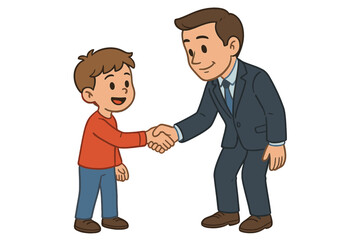 Smiling adult man in business attire shaking hands with a cheerful little boy