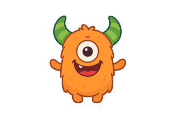 Cute orange cyclops monster character with green striped horns smiling happily