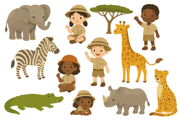 Naklejka premium Adorable diverse children explorers and African safari animals including elephant giraffe zebra