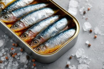 Fresh Sardines in an Open Tin Can with Ice and Peppercorns