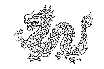 Detailed black and white outline of a traditional Chinese mythological dragon creature
