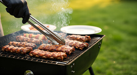 Preparing tasty ribs on a charcoal grill outdoors, using tongs to turn the meat and ensure it's perfectly grilled with a blurred lawn background