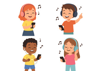 Diverse group of happy children listening to music with headphones and mobile phones