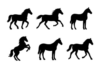 Collection of six black horse silhouettes in various dynamic poses and gaits