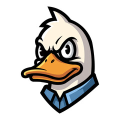 Cartoon illustration of an angry duck head. Features white feathers, an orange beak, and a blue collar against a black background. Ideal for mascot designs and graphic elements
