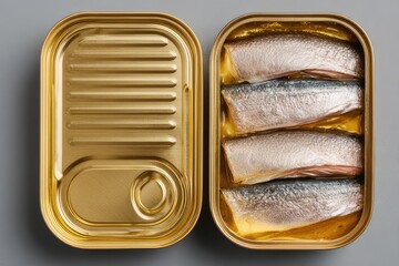 Golden canned fish, one tin open with sardines in oil,  