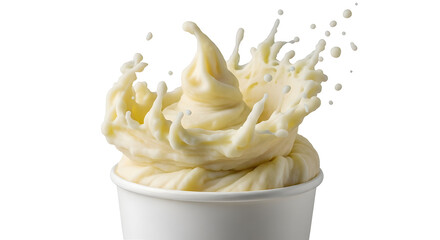 Dynamic splash of creamy yellow liquid erupting from a white cup.