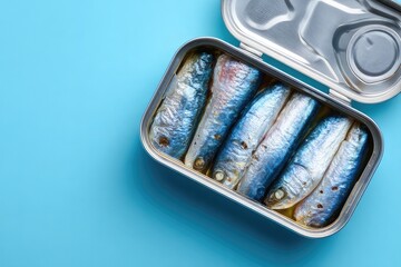 Open tin of sardines on blue background