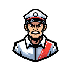 Illustration of an angry man in a white and red uniform on a black background, showcasing a furious expression. The design is vectorized, ideal for avatars or symbolic representations of anger