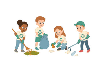 Diverse group of children volunteering for environmental cleanup and recycling activities