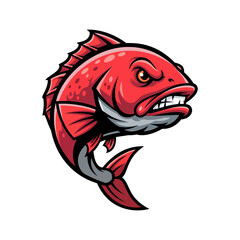 A cartoon mascot illustration featuring an angry red snapper fish with a fierce expression and sharp teeth, set against a dark background. The graphic design is suitable for sports teams or emblems