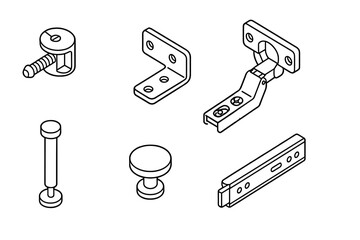 Collection of isometric furniture hardware components hinges screws connectors