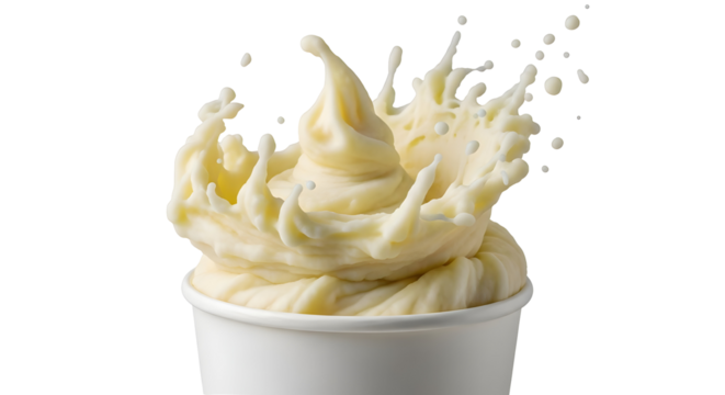 Dynamic splash of creamy yellow liquid erupting from a white cup.