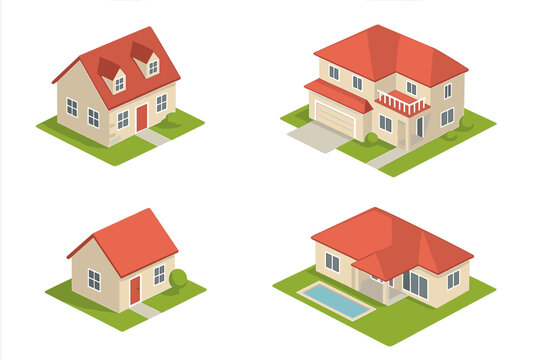 Set of four isometric architectural designs for suburban residential homes